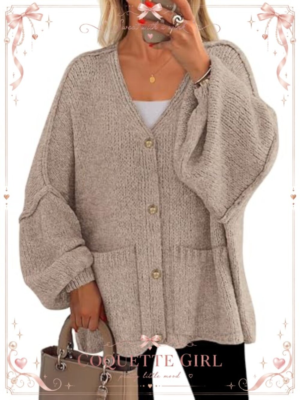 Oversized Chunky Knit Cardigan Lantern Sleeve Button Down Sweater